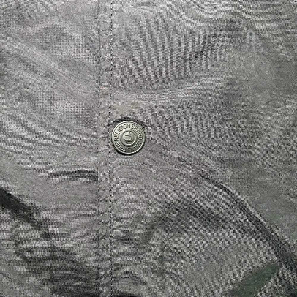 True Religion Coach Jacket Mens Large Black Graphic Print Snap Front Windbreaker